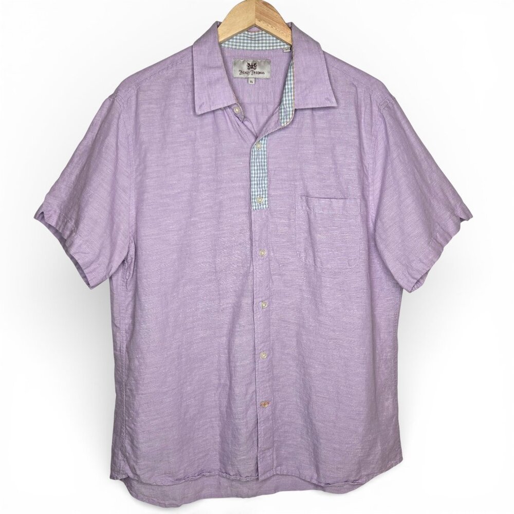 Hickey‎ Freeman Linen Blend Purple Button Down Shirt Men Plaid Collar XL